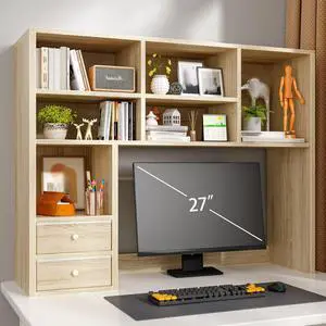 Desk Hutch, 7 Shelves and 2 Drawers, Adjustable Shelf, Natural | Small Space Organizers, Anti-Tip for Secure Stability Desk Hutch, 7 Shelves and 2 Drawers, Adjustable Shelf, Natural | Small Space Organizers, Anti-Tip for Secure Stability