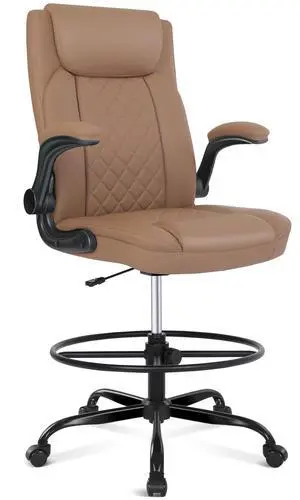 Drafting Chair, Tall Office Chair for Standing Desk, Standing Chair with Adjustable Height and Flip-up Armrest, Leather Drafting Chair, High Office Chair for Counter Height Desk Drafting Chair, Tall Office Chair for Standing Desk, Standing Chair with Adjustable Height and Flip-up Armrest, Leather Drafting Chair, High Office Chair for Counter Height Desk