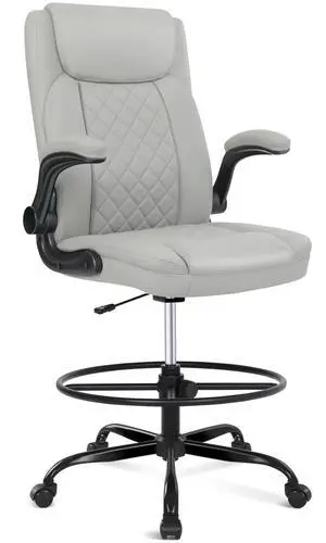 Drafting Chair, Tall Office Chair for Standing Desk, Standing Chair with Adjustable Height and Flip-up Armrest, Leather Drafting Chair, High Office Chair for Counter Height Desk Drafting Chair, Tall Office Chair for Standing Desk, Standing Chair with Adjustable Height and Flip-up Armrest, Leather Drafting Chair, High Office Chair for Counter Height Desk