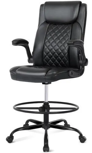 Drafting Chair with Footrest Ring, Tall Office Chair for Standing Desk, PU Faux Leather Bar Counter Height Chairs with Adjustable Height, 360° Swivel Wheels for Garage Office, Black Drafting Chair with Footrest Ring, Tall Office Chair for Standing Desk, PU Faux Leather Bar Counter Height Chairs with Adjustable Height, 360° Swivel Wheels for Garage Office, Black