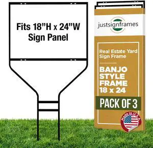 Real Estate Steel Banjo-Style Rod Sign Frame, 18 x 24 in, Black, 3 Packs | Powder-Coated, Ground Mount, Rust-Resistant, Fits Aluminum & Corrugated Panels, Weighs 9 lbs, 45-in Height, Pointed Legs Real Estate Steel Banjo-Style Rod Sign Frame, 18 x 24 in, Black, 3 Packs | Powder-Coated, Ground Mount, Rust-Resistant, Fits Aluminum & Corrugated Panels, Weighs 9 lbs, 45-in Height, Pointed Legs