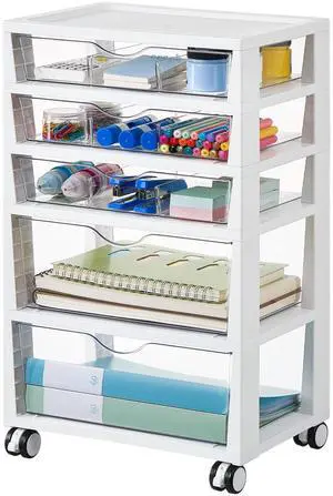 5-Tier Plastic Drawer Storage Rolling Cart with Wheels | Clear Drawers with Multiple Sizes Keep Supplies visible. Sturdy for Under Desk, Office, Makeup, Crafts & Art Storage 5-Tier Plastic Drawer Storage Rolling Cart with Wheels | Clear Drawers with Multiple Sizes Keep Supplies visible. Sturdy for Under Desk, Office, Makeup, Crafts & Art Storage