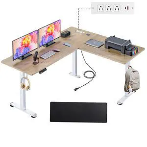 63in L Shaped Standing Desk with Outlets, Electric Sit Stand Up Desk Adjustable Height, Corner Desk with Mouse Pad, Hooks, Home Office Writing Gaming Big Computer Workstation, Oak Grey 63in L Shaped Standing Desk with Outlets, Electric Sit Stand Up Desk Adjustable Height, Corner Desk with Mouse Pad, Hooks, Home Office Writing Gaming Big Computer Workstation, Oak Grey