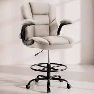 Drafting Chair 500Lbs, Tall Office Chair for Standing Desk, High PU Leather Executive Office Chair with Flip-up Armrests, Ergonomic High Chair with Adjustable Foot Ring, Comfy Stool Chairs, Beige Drafting Chair 500Lbs, Tall Office Chair for Standing Desk, High PU Leather Executive Office Chair with Flip-up Armrests, Ergonomic High Chair with Adjustable Foot Ring, Comfy Stool Chairs, Beige