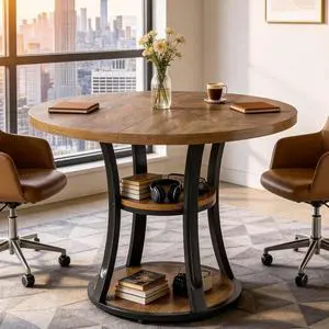 39-Inch Round Conference Table for 4, Modern Small Meeting Room Table with 2-Tier Storage Shelf and Metal Base for Office, Conference Room, Waitting Room, Small Spaces (Rustic Brown) 39-Inch Round Conference Table for 4, Modern Small Meeting Room Table with 2-Tier Storage Shelf and Metal Base for Office, Conference Room, Waitting Room, Small Spaces (Rustic Brown)