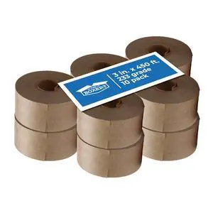 Water Activated Kraft Fiberglass Reinforced Packing Tape, 3x450 - 233 Grade- (10 Rolls Included) Gummed Paper for Heavy Duty Packaging and Shipping, Writable, Eco-Friendly Water Activated Kraft Fiberglass Reinforced Packing Tape, 3x450 - 233 Grade- (10 Rolls Included) Gummed Paper for Heavy Duty Packaging and Shipping, Writable, Eco-Friendly