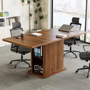 Extendable Conference Table for 4-6 People, 47-65Inch, Walnut | Modern Rectangle Meeting Room Table with Fluted Doors, Wood Storage, Small Compact, Square, Office, Training, Conference Room Extendable Conference Table for 4-6 People, 47-65Inch, Walnut | Modern Rectangle Meeting Room Table with Fluted Doors, Wood Storage, Small Compact, Square, Office, Training, Conference Room