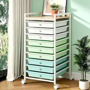 10 Tier Rolling Storage Utility Cart Organizers with 9 Drawers and Metal Fence Wooden Tabletop (Green) 10 Tier Rolling Storage Utility Cart Organizers with 9 Drawers and Metal Fence Wooden Tabletop (Green)