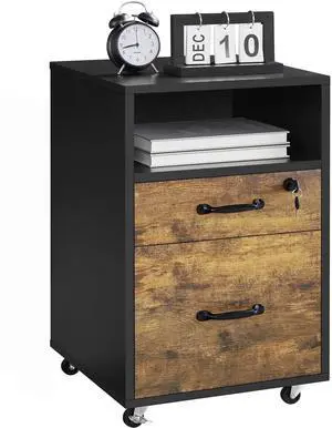 2-Drawer File Cabinet with Lock, Under Desk Storage, Rustic Brown | Lockable drawer holds hanging files; a small drawer and open shelf fit under a desk; rolls on casters, two-tone wood finish 2-Drawer File Cabinet with Lock, Under Desk Storage, Rustic Brown | Lockable drawer holds hanging files; a small drawer and open shelf fit under a desk; rolls on casters, two-tone wood finish
