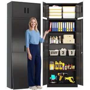Metal Storage Cabinet, 87 inch Tall Large Locking Cabinet with Top Cabinet, Garage Storage Cabinet with 4 Adjustable Shelves for Home Office, Garage and Utility Room-Black Metal Storage Cabinet, 87 inch Tall Large Locking Cabinet with Top Cabinet, Garage Storage Cabinet with 4 Adjustable Shelves for Home Office, Garage and Utility Room-Black