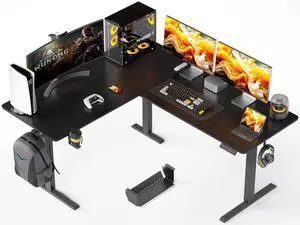 63x55 Inches Reversible L Shaped Standing Desk, Height Adjustable With Cup Holder, Electric Corner Computer Workstation, Sit Stand up Home Office, Ergonomic Gaming, Black 63x55 Inches Reversible L Shaped Standing Desk, Height Adjustable With Cup Holder, Electric Corner Computer Workstation, Sit Stand up Home Office, Ergonomic Gaming, Black