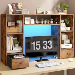 47.2" Desktop Bookshelf, 6 Shelves and 2 Drawers, LED Lights, Brown | 12mm MDF with Scratch-resistant, Up to 27" -monitor, Adjustable Shelves 47.2" Desktop Bookshelf, 6 Shelves and 2 Drawers, LED Lights, Brown | 12mm MDF with Scratch-resistant, Up to 27" -monitor, Adjustable Shelves