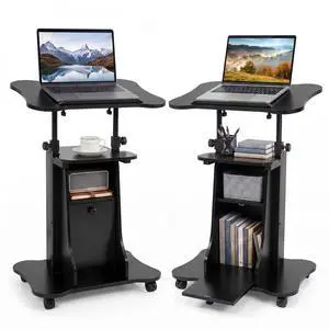Mobile Podium Stand, Sit-to-Stand Laptop Cart (Black, 2 Pack) | Tilting Tabletop & Storage Cabinet, Lockable Casters, Height-adjustable Rolling Lectern for Classroom, Church, Home Office Mobile Podium Stand, Sit-to-Stand Laptop Cart (Black, 2 Pack) | Tilting Tabletop & Storage Cabinet, Lockable Casters, Height-adjustable Rolling Lectern for Classroom, Church, Home Office