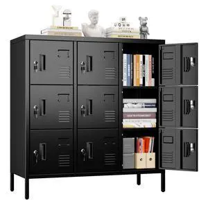 9-Door Metal Locker for Employees with Keyed Compartments | 15.79"D x 35.51"W x 37.8"H; 9 vented compartments with card slots, 18 keys and adjustable leveling feet 9-Door Metal Locker for Employees with Keyed Compartments | 15.79"D x 35.51"W x 37.8"H; 9 vented compartments with card slots, 18 keys and adjustable leveling feet