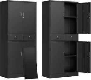 Metal Storage Cabinet, 71" H Metal Cabinets with Adjustable Shelves and Drawers, Locking Storage Cabinet for Pantry, Office, Garage, Home, School, Utility (Black) Metal Storage Cabinet, 71" H Metal Cabinets with Adjustable Shelves and Drawers, Locking Storage Cabinet for Pantry, Office, Garage, Home, School, Utility (Black)