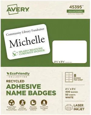 EcoFriendly Recycled Name Tags, 2-1/3" x 3-3/8", White, Removable Adhesive, 400 Printable Name Badges (45395) EcoFriendly Recycled Name Tags, 2-1/3" x 3-3/8", White, Removable Adhesive, 400 Printable Name Badges (45395)