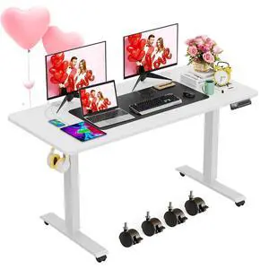 Electric Standing Desk Adjustable Height, 55x24 Inches Computer Desk with 4 Preset Heights, Double Metal Hook, Rolling Wheels, Multifunctional Stand up Desk for Home/Office(White) Electric Standing Desk Adjustable Height, 55x24 Inches Computer Desk with 4 Preset Heights, Double Metal Hook, Rolling Wheels, Multifunctional Stand up Desk for Home/Office(White)