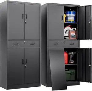 Metal Garage Storage Cabinet with a Drawer Locking Doors and 2 Adjustable Shelves, Black Tall Storage Cabinets, Tool File Lockable Cabinet for Garage Office Warehouse Shop(71H) Metal Garage Storage Cabinet with a Drawer Locking Doors and 2 Adjustable Shelves, Black Tall Storage Cabinets, Tool File Lockable Cabinet for Garage Office Warehouse Shop(71H)