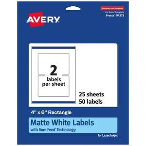 ® Matte White Rectangle Labels, Sure Feed® Technology, 4" x 6", 50 White Labels, Print-to-The-Edge, Permanent Adhesive, Laser/Inkjet Printable ® Matte White Rectangle Labels, Sure Feed® Technology, 4" x 6", 50 White Labels, Print-to-The-Edge, Permanent Adhesive, Laser/Inkjet Printable