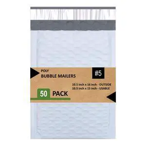 Poly Bubble Mailers, Waterproof & Cushioned Padded Envelopes for Shipping, 10.5 x 16 in (50 Pack, White) Poly Bubble Mailers, Waterproof & Cushioned Padded Envelopes for Shipping, 10.5 x 16 in (50 Pack, White)