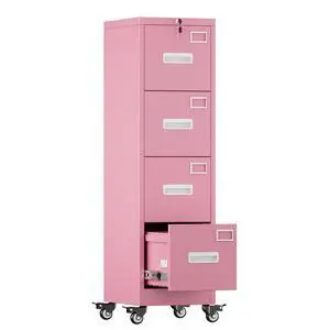 4 Drawer Metal File Cabinet with Lock and Wheels, Pink | 17.7"D x 15"W x 54"H pink vertical steel cabinet for letter/legal files; anti-tilt interlock; assembly required 4 Drawer Metal File Cabinet with Lock and Wheels, Pink | 17.7"D x 15"W x 54"H pink vertical steel cabinet for letter/legal files; anti-tilt interlock; assembly required