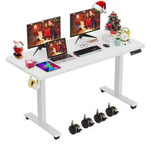 Electric Standing Desk Adjustable Height, 48x24 Inches Stand Up Desk with 4 Preset Heights, Lockable Casters, Double Hooks,27''-46'' Lifting Range Home Office Computer DeskWhite Electric Standing Desk Adjustable Height, 48x24 Inches Stand Up Desk with 4 Preset Heights, Lockable Casters, Double Hooks,27''-46'' Lifting Range Home Office Computer DeskWhite