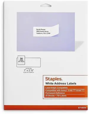 Address Labels, 1" x 25/8", White, Laser/Inkjet Compatible, EasyPeel, Permanent Adhesive, 30 Labels/Sheet, 2,250/Carton Address Labels, 1" x 25/8", White, Laser/Inkjet Compatible, EasyPeel, Permanent Adhesive, 30 Labels/Sheet, 2,250/Carton