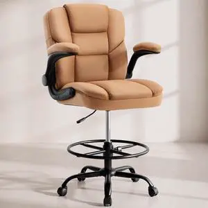 Drafting Chair 500Lbs, Tall Office Chair for Standing Desk, High PU Leather Executive Office Chair with Flip-up Armrests, Ergonomic High Chair with Adjustable Foot Ring, Comfy Stool Chairs, Brown Drafting Chair 500Lbs, Tall Office Chair for Standing Desk, High PU Leather Executive Office Chair with Flip-up Armrests, Ergonomic High Chair with Adjustable Foot Ring, Comfy Stool Chairs, Brown