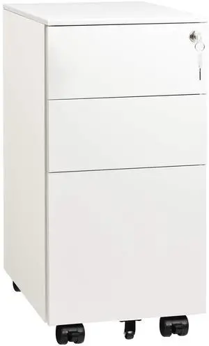 Slim File Cabinet with Lock, 3 Drawer Mobile Filing Cabinet for Legal/Letter/A4 Size, Fully Assembled Except Wheels, White Slim File Cabinet with Lock, 3 Drawer Mobile Filing Cabinet for Legal/Letter/A4 Size, Fully Assembled Except Wheels, White