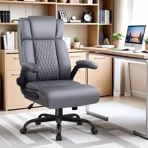 Office Chair, 400LBS Heavy Duty Big and Tall Executive Office Desk Chair with Flip-up Arms, Ergonomic High Back Office Chairs with Lumbar Support, PU Leather, Grey Office Chair, 400LBS Heavy Duty Big and Tall Executive Office Desk Chair with Flip-up Arms, Ergonomic High Back Office Chairs with Lumbar Support, PU Leather, Grey