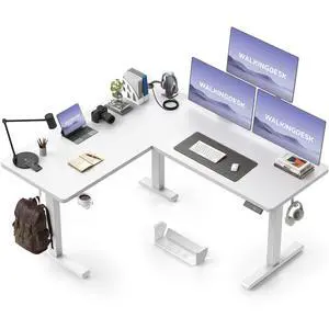 63x55 Inches Reversible L Shaped Standing Desk, Height Adjustable With Cup Holder, Electric Corner Computer Workstation, Sit Stand up Home Office, Standing Desk with Cable Management White 63x55 Inches Reversible L Shaped Standing Desk, Height Adjustable With Cup Holder, Electric Corner Computer Workstation, Sit Stand up Home Office, Standing Desk with Cable Management White