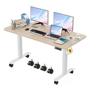 Electric Standing Adjustable Height Desk,55'' x 24'' Stand up Desk with Double Hooks and Wheels, 27''-45'' Lifting Range Computer Workstations(Oak) Electric Standing Adjustable Height Desk,55'' x 24'' Stand up Desk with Double Hooks and Wheels, 27''-45'' Lifting Range Computer Workstations(Oak)