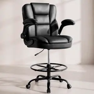 Drafting Chair 500Lbs, Tall Office Chair for Standing Desk, High PU Leather Executive Office Chair with Flip-up Armrests, Ergonomic High Chair with Adjustable Foot Ring, Comfy Stool Chairs, Black Drafting Chair 500Lbs, Tall Office Chair for Standing Desk, High PU Leather Executive Office Chair with Flip-up Armrests, Ergonomic High Chair with Adjustable Foot Ring, Comfy Stool Chairs, Black