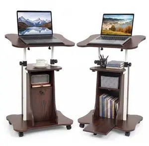 Mobile Podium Stand, Height Adjustable Laptop Computer Cart w/Tilting Top, Storage Cabinet & Lockable Wheels, Church Classroom Lecture, Sit-to-Stand Desk for Home Office (Brown,2) Mobile Podium Stand, Height Adjustable Laptop Computer Cart w/Tilting Top, Storage Cabinet & Lockable Wheels, Church Classroom Lecture, Sit-to-Stand Desk for Home Office (Brown,2)