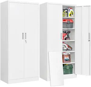 Metal Garage Storage Cabinet with Locking Doors and 5 Adjustable Shelves, White Tall Storage Cabinets, Tool File Lockable Cabinet for Garage Office Warehouse Shop(71H) Metal Garage Storage Cabinet with Locking Doors and 5 Adjustable Shelves, White Tall Storage Cabinets, Tool File Lockable Cabinet for Garage Office Warehouse Shop(71H)
