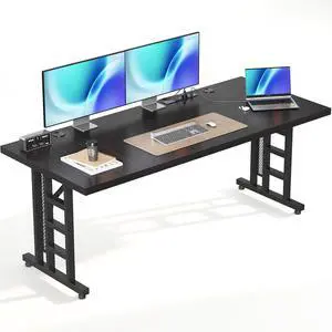 78 Inch Executive Computer Desk with Outlets, Black | Office Table with 3-Piece Thick Board, Outlets And 2 Cable Holes For Home Office, Computer Workstation 78 Inch Executive Computer Desk with Outlets, Black | Office Table with 3-Piece Thick Board, Outlets And 2 Cable Holes For Home Office, Computer Workstation