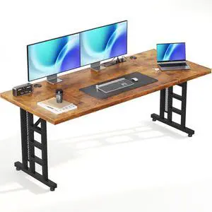 78 Inch Executive Computer Desk with Outlets, Rustic Brown | Office Table with 3-Piece Thick Board, Outlets And 2 Cable Holes For Home Office, Computer Workstation 78 Inch Executive Computer Desk with Outlets, Rustic Brown | Office Table with 3-Piece Thick Board, Outlets And 2 Cable Holes For Home Office, Computer Workstation