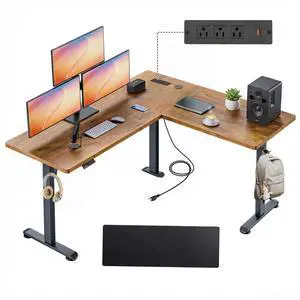 63x5in L Shaped Reversible Standing Desk with Outlets & Mouse Pad | Electric Stand Up Desk Adjustable Height, Corner Home Office Writing Gaming Computer Workstation, Rustic Brown 63x5in L Shaped Reversible Standing Desk with Outlets & Mouse Pad | Electric Stand Up Desk Adjustable Height, Corner Home Office Writing Gaming Computer Workstation, Rustic Brown