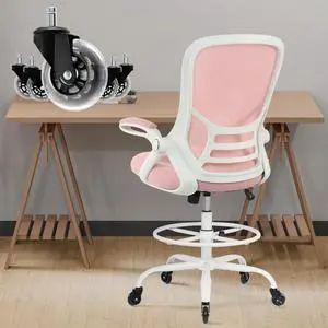 Drafting Chair Tall Office, Ergonomic Standing Desk Stool Adjustable Big and Tall Drafting Office Chair with Flip-Up Armrests, Mesh, Pink Drafting Chair Tall Office, Ergonomic Standing Desk Stool Adjustable Big and Tall Drafting Office Chair with Flip-Up Armrests, Mesh, Pink