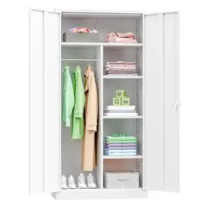 Metal Wardrobe Closet, 71" White Locking Storage Wardrobe Cabinet with Doors and Shelves, Tall Steel Clothes Storage for Office, Home, School, Gym Metal Wardrobe Closet, 71" White Locking Storage Wardrobe Cabinet with Doors and Shelves, Tall Steel Clothes Storage for Office, Home, School, Gym