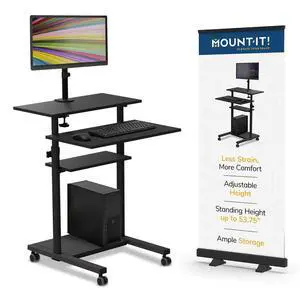 Mobile Computer Cart with Monitor Mount for Screen up to 32", Portable Desk on Wheels, Rolling Laptop Stand for Teachers, Office, Classroom, Rise up to 53", Podium, Keyboard Tray, Black Mobile Computer Cart with Monitor Mount for Screen up to 32", Portable Desk on Wheels, Rolling Laptop Stand for Teachers, Office, Classroom, Rise up to 53", Podium, Keyboard Tray, Black