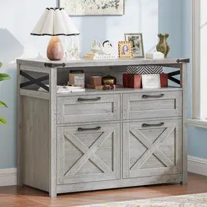 Farmhouse Home Office File Cabinet with 4 Drawer, Grey | Lateral Filing Cabinet with Open Storage Shelf, Filing Organizer Fits Letter/A4 Size, Document Storage Printer Stand Farmhouse Home Office File Cabinet with 4 Drawer, Grey | Lateral Filing Cabinet with Open Storage Shelf, Filing Organizer Fits Letter/A4 Size, Document Storage Printer Stand