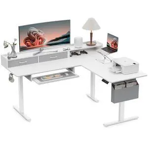 63 Inches Height Adjustable L Shaped Standing Desk with 2 Drawers and Keyboard Tray, Electric Sit to Stand Home Office Comupter Table, Ergonomic Corner Gaming Desk, White 63 Inches Height Adjustable L Shaped Standing Desk with 2 Drawers and Keyboard Tray, Electric Sit to Stand Home Office Comupter Table, Ergonomic Corner Gaming Desk, White