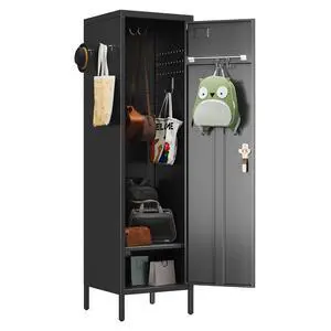 1-Door Metal Locker with Lock, Pegboard, Hooks and Hanging Rod | 15"W x 15"D x 54.45"H steel locker with 2 pegboards, 5 hooks, an interior hanging rod and required assembly 1-Door Metal Locker with Lock, Pegboard, Hooks and Hanging Rod | 15"W x 15"D x 54.45"H steel locker with 2 pegboards, 5 hooks, an interior hanging rod and required assembly