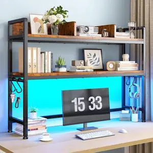 2-Tier Desk Shelf, LED, Bedroom and Home Office, Rustic Brown | Students & Renters, Wood & Steel, Holds 44 lbs & 33 lbs per Tier, Adjustable Shelf, Anti-tip & 4 Hooks, 45.2 2-Tier Desk Shelf, LED, Bedroom and Home Office, Rustic Brown | Students & Renters, Wood & Steel, Holds 44 lbs & 33 lbs per Tier, Adjustable Shelf, Anti-tip & 4 Hooks, 45.2