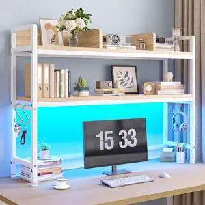 2-Tier Desk Shelf, LED, Bedroom and Home Office, White | Students & Renters, Wood & Steel, Holds 44 lbs & 33 lbs per Tier, Adjustable Shelf, Anti-tip & 4 Hooks, 45.2 2-Tier Desk Shelf, LED, Bedroom and Home Office, White | Students & Renters, Wood & Steel, Holds 44 lbs & 33 lbs per Tier, Adjustable Shelf, Anti-tip & 4 Hooks, 45.2