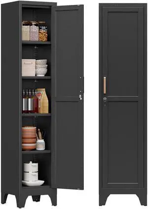 67"H Black Metal Locker with 1 Lockable Door and 4 Adjustable Shelves For Employees, 5 Tier Narrow Storage Cabinet with Detachable Legs and Vintage Handle for Kitchen,Office,Gym,School,Easy Assembly 67"H Black Metal Locker with 1 Lockable Door and 4 Adjustable Shelves For Employees, 5 Tier Narrow Storage Cabinet with Detachable Legs and Vintage Handle for Kitchen,Office,Gym,School,Easy Assembly