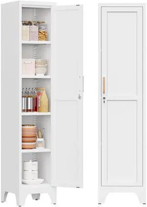 67"H White Metal Locker with 1 Lockable Door and 4 Adjustable Shelves For Employees, 5 Tier Narrow Storage Cabinet with Detachable Legs and Vintage Handle for Kitchen,Office,Bath,Laundry,Easy Assembly 67"H White Metal Locker with 1 Lockable Door and 4 Adjustable Shelves For Employees, 5 Tier Narrow Storage Cabinet with Detachable Legs and Vintage Handle for Kitchen,Office,Bath,Laundry,Easy Assembly