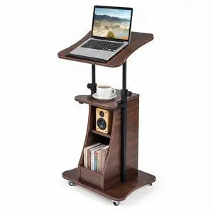 Mobile Lectern Podium, Height Adjustable Podium Stand, Sit-to-Stand Desk with Tilting Tabletop & Storage Shelves, Rolling Laptop Cart Desk with Lockable Casters for Home Office School (Brown) Mobile Lectern Podium, Height Adjustable Podium Stand, Sit-to-Stand Desk with Tilting Tabletop & Storage Shelves, Rolling Laptop Cart Desk with Lockable Casters for Home Office School (Brown)
