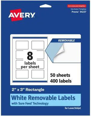 Matte White Removable Rectangle Labels, Sure Feed Technology, Print-to-The-Edge, 2" x 3", 400 Removable Labels, Laser/Inkjet Printable Matte White Removable Rectangle Labels, Sure Feed Technology, Print-to-The-Edge, 2" x 3", 400 Removable Labels, Laser/Inkjet Printable